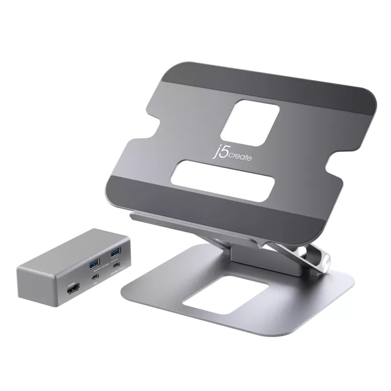 j5create JTS327 Multi-Angle 4K -telakointiteline, kannettavan tietokoneen teline, harmaa, alumiini, 40,6 cm (16 inch), 4 kg, Windows-kannettava / Mac