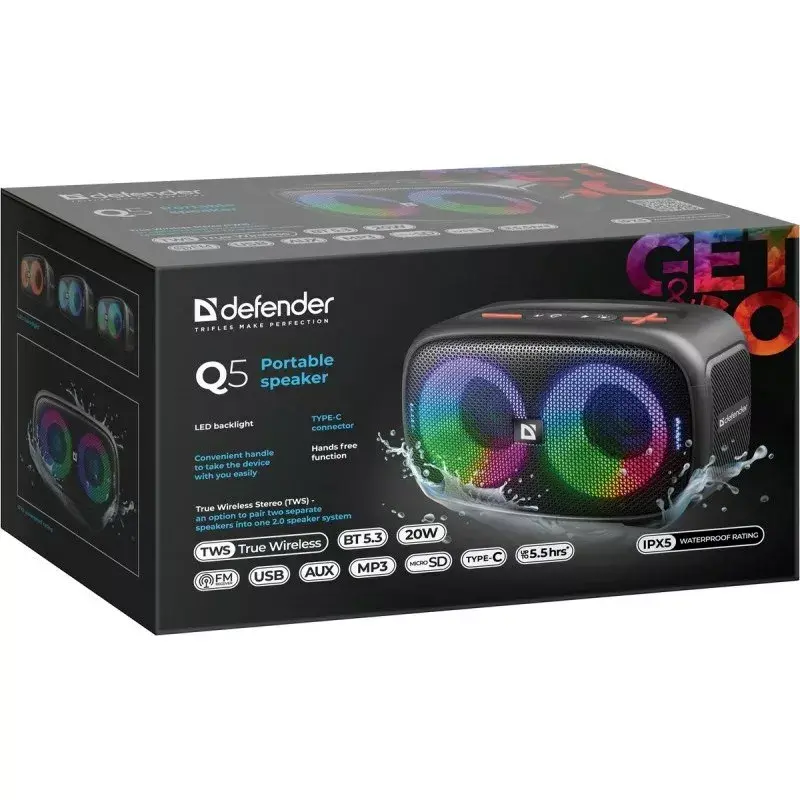 Defender Q5 Stereo kannettava Bluetooth-kaiutin, 20W, LED-valaistus, UKW-radio, TWS