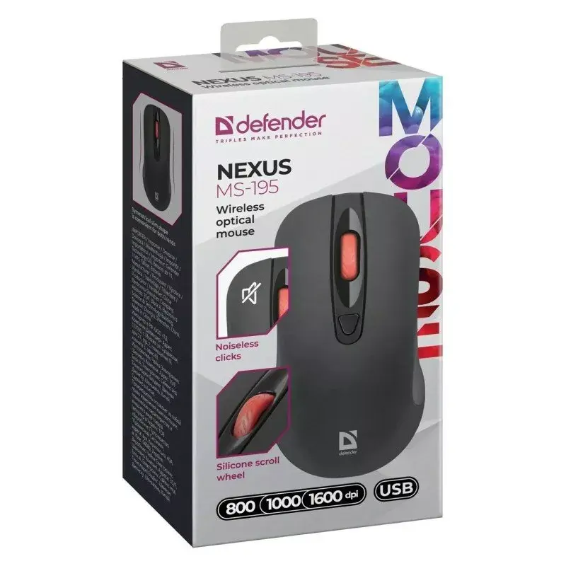 Langaton optinen RF Silent -hiiri DEFENDER Nexus MS-195 — 1600 DPI, 2,4 GHz, Nano-USB, molempikätinen, 2×AAA, musta
