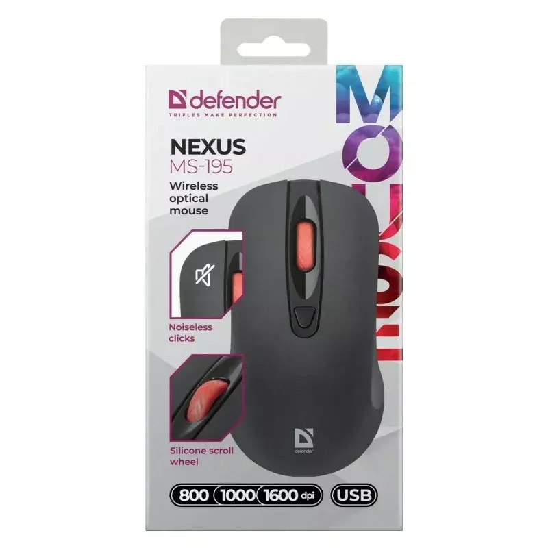 Langaton optinen RF Silent -hiiri DEFENDER Nexus MS-195 — 1600 DPI, 2,4 GHz, Nano-USB, molempikätinen, 2×AAA, musta