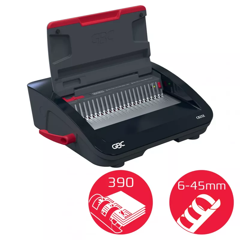 GBC CombBind® CB25E sähköinen sidontakone, kampasidontakone, sähköinen, 390 arkkia, musta, punainen