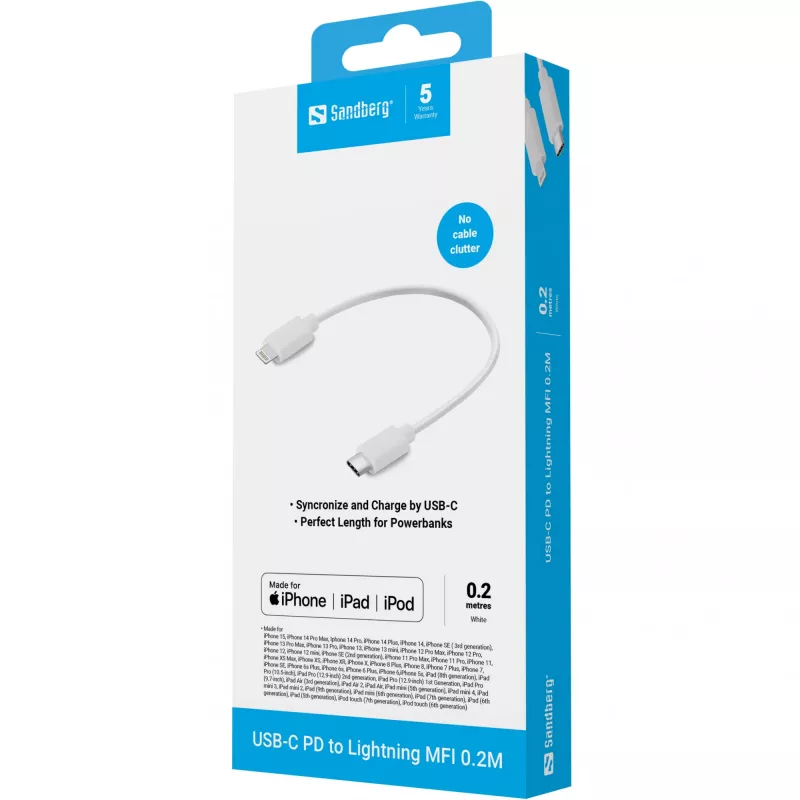 Sandberg USB-C PD Lightning MFI 0.2M, 0,2 m, Lightning, USB C, uros, uros, valkoinen