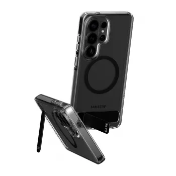 PanzerGlass CARE™ Urban Explorer -kotelo Samsung Galaxy S26 Ultra — läpinäkyvä kansi mustalla potkutuella ja Qi-tuella