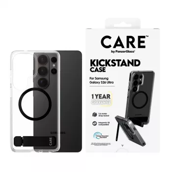 PanzerGlass CARE™ Urban Explorer -kotelo Samsung Galaxy S26 Ultra — läpinäkyvä kansi mustalla potkutuella ja Qi-tuella