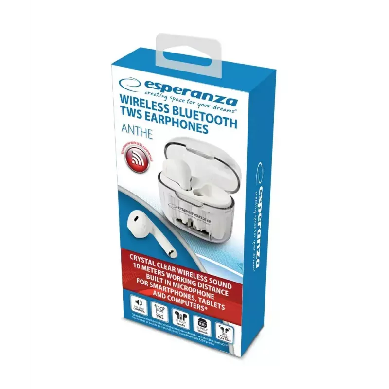 Langattomat in-ear-kuulokkeet ESPERANZA EH237W — Bluetooth 5.3, kosketusohjaus, 3–4 h akku, valkoinen