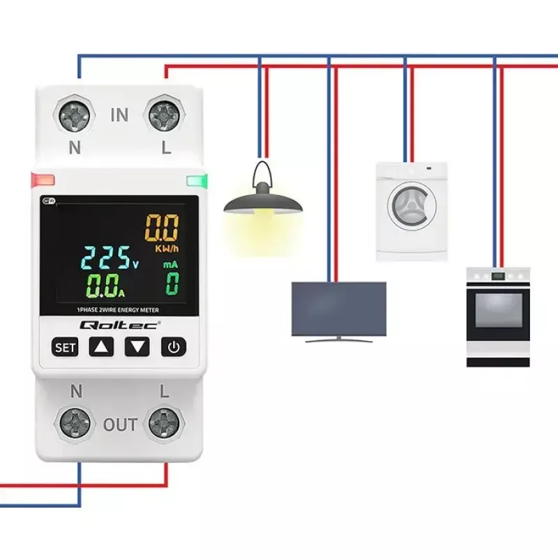 Yksivaiheinen energiankulutusmittari QOLTEC 50981 DIN35 230V 50Hz