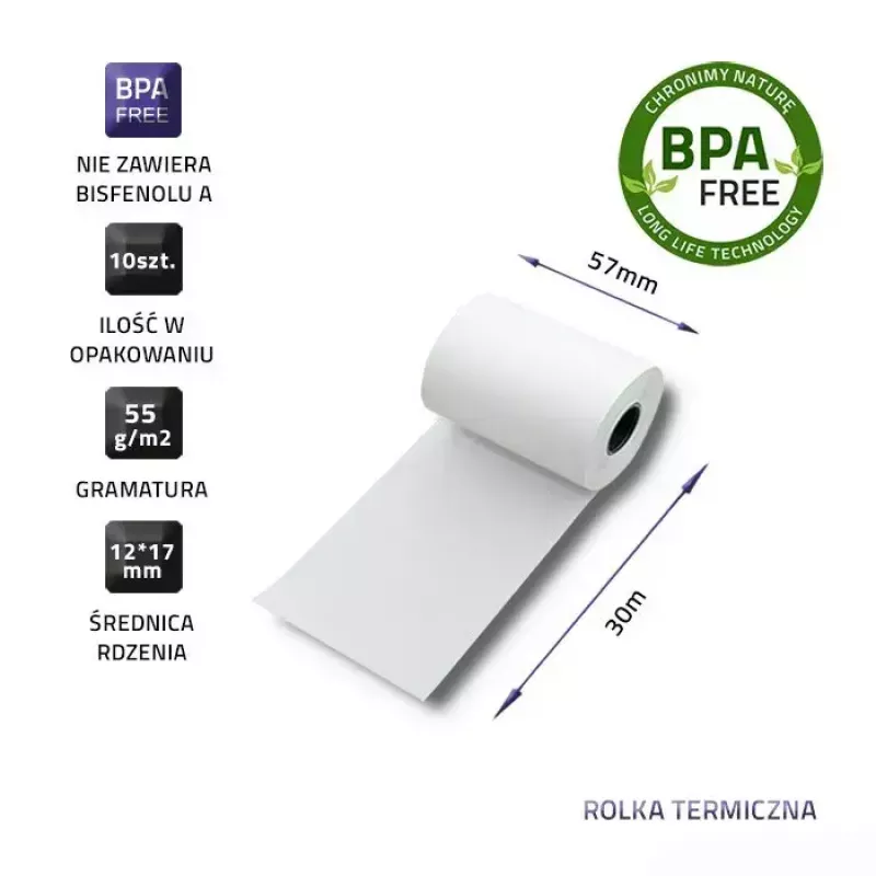 Kuitukassarullat QOLTEC 57 x 30 mm 55 g/m² BPA-vapaa, ydin 17 mm, 10 kpl
