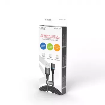 USB 2.0 -kaapeli SAVIO CL-155, USB A vaihdettavaan USB-C / Micro-USB B / Lightning, 2 m, musta