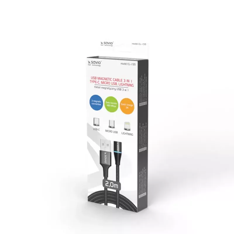 USB 2.0 -kaapeli SAVIO CL-155, USB A vaihdettavaan USB-C / Micro-USB B / Lightning, 2 m, musta