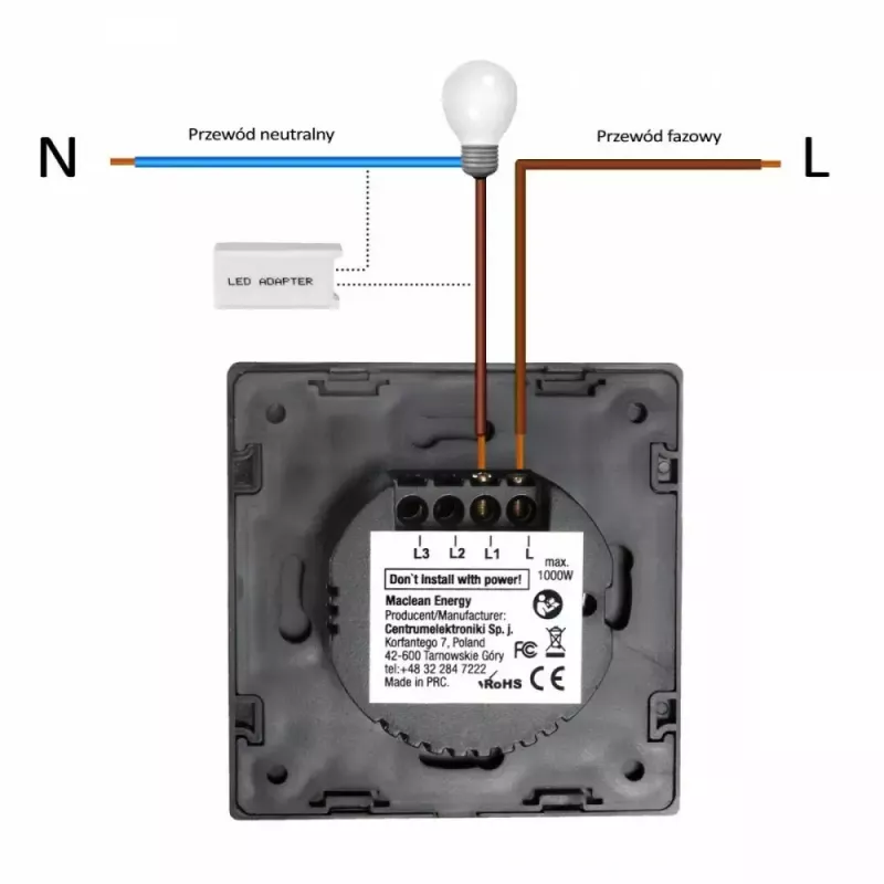 Kosketusvalokytkin MACLEAN MCE703W, lasietulevy, 1-osainen, 220V