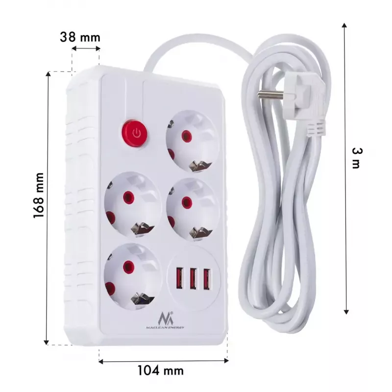Jatkojohto MACLEAN MCE393 W – 4 pistorasiaa + 3×USB, 110–240V, 2,1A USB, 2500W, 3 m, valkoinen