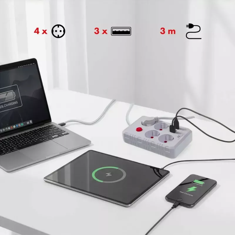 Jatkojohto MACLEAN MCE393 W – 4 pistorasiaa + 3×USB, 110–240V, 2,1A USB, 2500W, 3 m, valkoinen