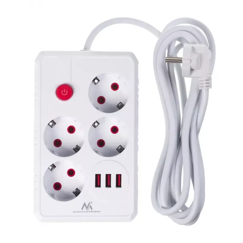 Jatkojohto MACLEAN MCE393 W – 4 pistorasiaa + 3×USB, 110–240V, 2,1A USB, 2500W, 3 m, valkoinen