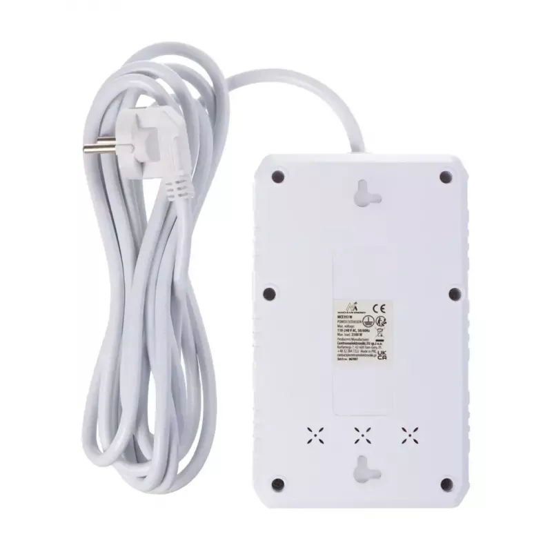 Jatkojohto MACLEAN MCE393 W – 4 pistorasiaa + 3×USB, 110–240V, 2,1A USB, 2500W, 3 m, valkoinen