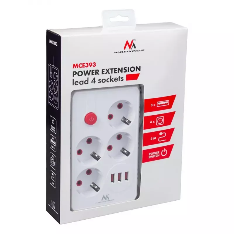 Jatkojohto MACLEAN MCE393 W – 4 pistorasiaa + 3×USB, 110–240V, 2,1A USB, 2500W, 3 m, valkoinen