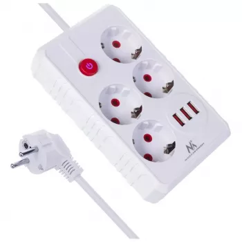 Jatkojohto MACLEAN MCE393 W – 4 pistorasiaa + 3×USB, 110–240V, 2,1A USB, 2500W, 3 m, valkoinen