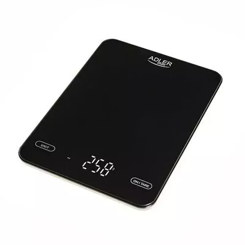 Elektroninen keittiövaaka Adler AD 3177b – 10 kg kapasiteetti, 1 g tarkkuus, musta, lasipinta