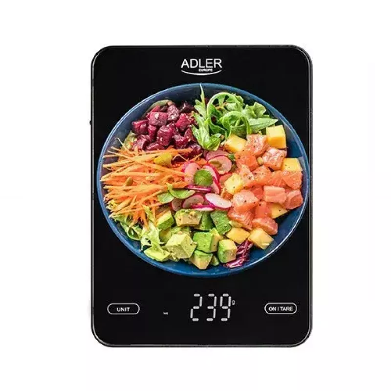 Elektroninen keittiövaaka Adler AD 3177b – 10 kg kapasiteetti, 1 g tarkkuus, musta, lasipinta