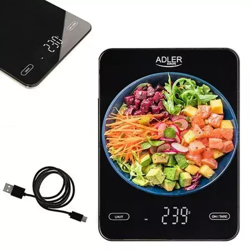 Elektroninen keittiövaaka Adler AD 3177b – 10 kg kapasiteetti, 1 g tarkkuus, musta, lasipinta