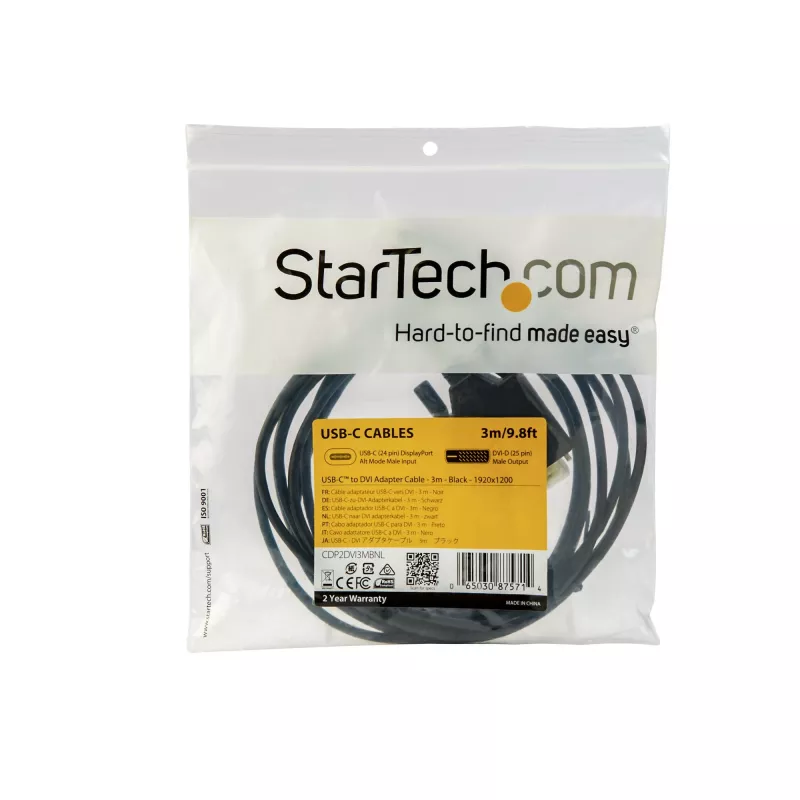 StarTech.com 10ft (3m) USB-C-DVI-kaapeli – 1080p (Single Link) USB Type-C (DP Alt Mode HBR2) - DVI-digitaalivideoadapterikaapeli – toimii Thunderbolt 3:n kanssa – kannettava DVI-monitoriin/näyttöön