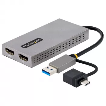 StarTech.com USB–dual-HDMI-sovitin, USB-A/C 2x HDMI-näyttöön (1x 4K30Hz, 1x 1080p), sisäänrakennettu USB-A–C-dongle, 11 cm kaapeli, USB 3.0 – HDMI-näyttösovitin, Windows & macOS