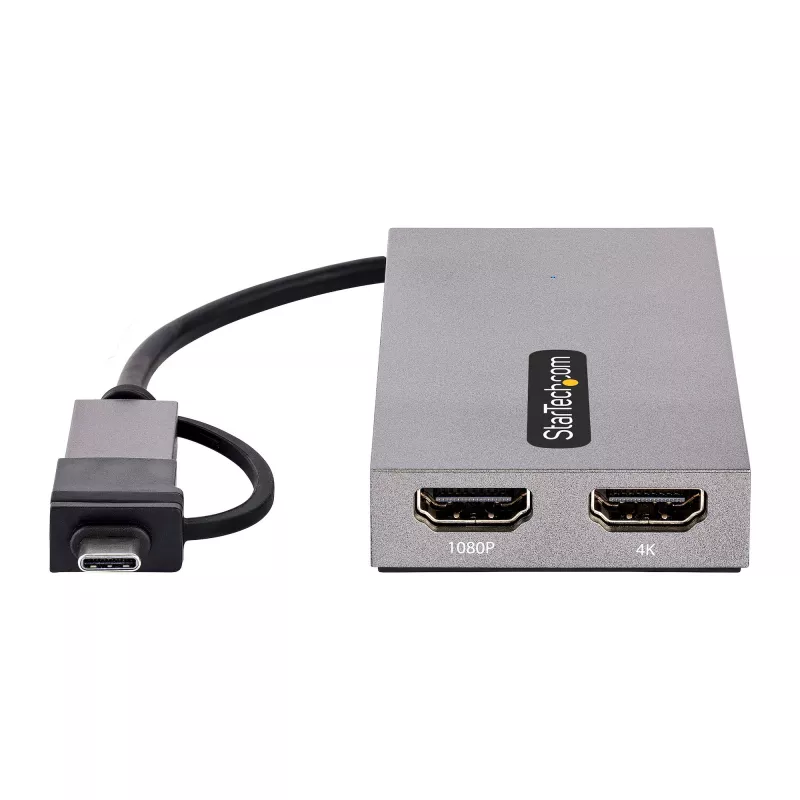 StarTech.com USB–dual-HDMI-sovitin, USB-A/C 2x HDMI-näyttöön (1x 4K30Hz, 1x 1080p), sisäänrakennettu USB-A–C-dongle, 11 cm kaapeli, USB 3.0 – HDMI-näyttösovitin, Windows & macOS