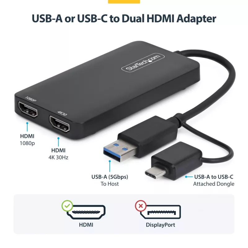 StarTech.com USB–dual-HDMI-sovitin, USB-A/C 2x HDMI-näyttöön (1x 4K30Hz, 1x 1080p), sisäänrakennettu USB-A–C-dongle, 11 cm kaapeli, USB 3.0 – HDMI-näyttösovitin, Windows & macOS