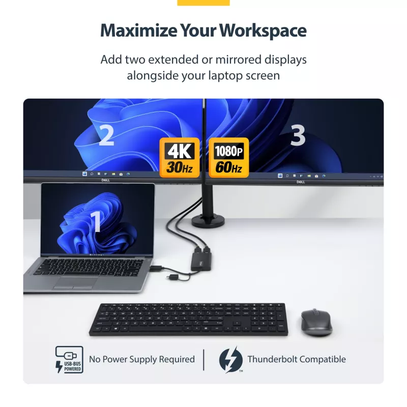 StarTech.com USB–dual-HDMI-sovitin, USB-A/C 2x HDMI-näyttöön (1x 4K30Hz, 1x 1080p), sisäänrakennettu USB-A–C-dongle, 11 cm kaapeli, USB 3.0 – HDMI-näyttösovitin, Windows & macOS