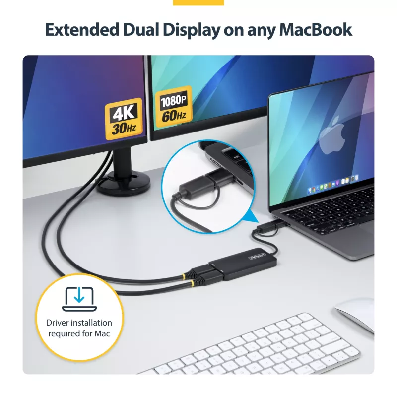 StarTech.com USB–dual-HDMI-sovitin, USB-A/C 2x HDMI-näyttöön (1x 4K30Hz, 1x 1080p), sisäänrakennettu USB-A–C-dongle, 11 cm kaapeli, USB 3.0 – HDMI-näyttösovitin, Windows & macOS