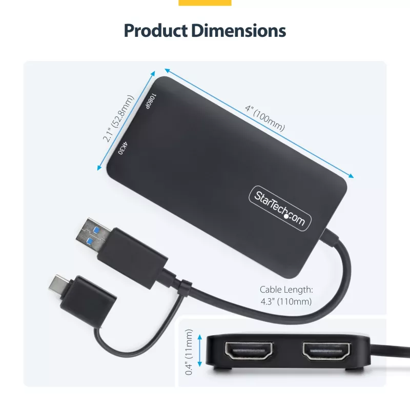 StarTech.com USB–dual-HDMI-sovitin, USB-A/C 2x HDMI-näyttöön (1x 4K30Hz, 1x 1080p), sisäänrakennettu USB-A–C-dongle, 11 cm kaapeli, USB 3.0 – HDMI-näyttösovitin, Windows & macOS