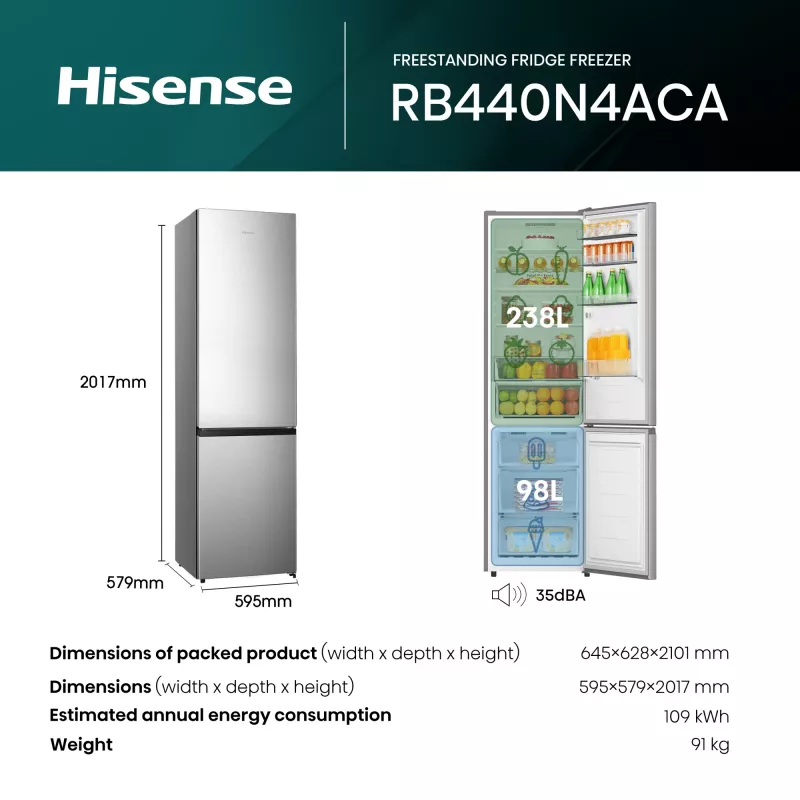Hisense RB440N4ACA vapaasti seisova 336 L ruostumaton teräs