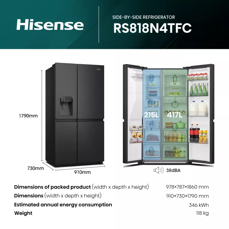 Hisense RS818N4TFC Side-by-Side-jääkaappi vapaasti seisova 632 L musta, ruostumaton teräs