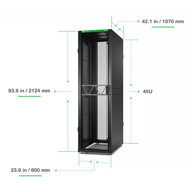 APC NetShelter SX Server Rack Gen 2, 45U, 2124H x 600W x 1070D mm, sivuseinillä, musta
