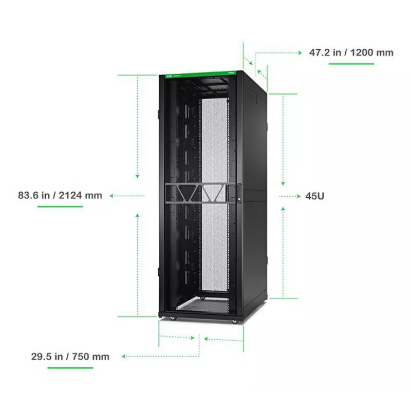 APC NetShelter SX Server Rack Gen 2, 45HE, 2124H x 750B x 1200T mm, sivuseinillä, musta