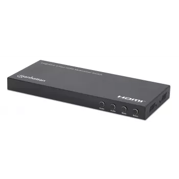 Manhattan 4K 4-porttinen HDMI Multiviewer -kytkin, kytkin neljällä tulolla yhteen näyttöön, 4K@30Hz, useita näyttövaihtoehtoja mukaan lukien kuva kuvassa ja dual-/quad-näyttö, painike- tai kaukosäädin, 3,5 mm- ja Toslink-ääni, musta, 3 vuoden takuu