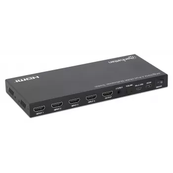 Manhattan 4K 4-porttinen HDMI Multiviewer -kytkin, kytkin neljällä tulolla yhteen näyttöön, 4K@30Hz, useita näyttövaihtoehtoja mukaan lukien kuva kuvassa ja dual-/quad-näyttö, painike- tai kaukosäädin, 3,5 mm- ja Toslink-ääni, musta, 3 vuoden takuu