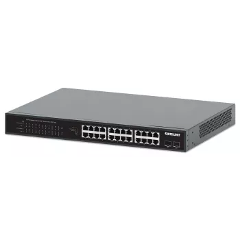 Intellinet 24-porttinen Gigabit Ethernet PoE+ -kytkin 2 SFP-portilla IEEE 802.3at/af (PoE+/PoE) -yhteensopiva, PoE-tehobudjetti 370 W, kaksi 1G SFP avointa paikkaa, 19