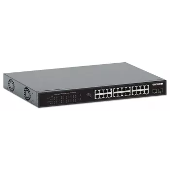 Intellinet 24-porttinen Gigabit Ethernet PoE+ -kytkin 2 SFP-portilla IEEE 802.3at/af (PoE+/PoE) -yhteensopiva, PoE-tehobudjetti 370 W, kaksi 1G SFP avointa paikkaa, 19