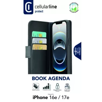 Cellularline Book Agenda - iPhone 16e/17e nahkajäljitelmä kirjakotelo magneettisulkimella