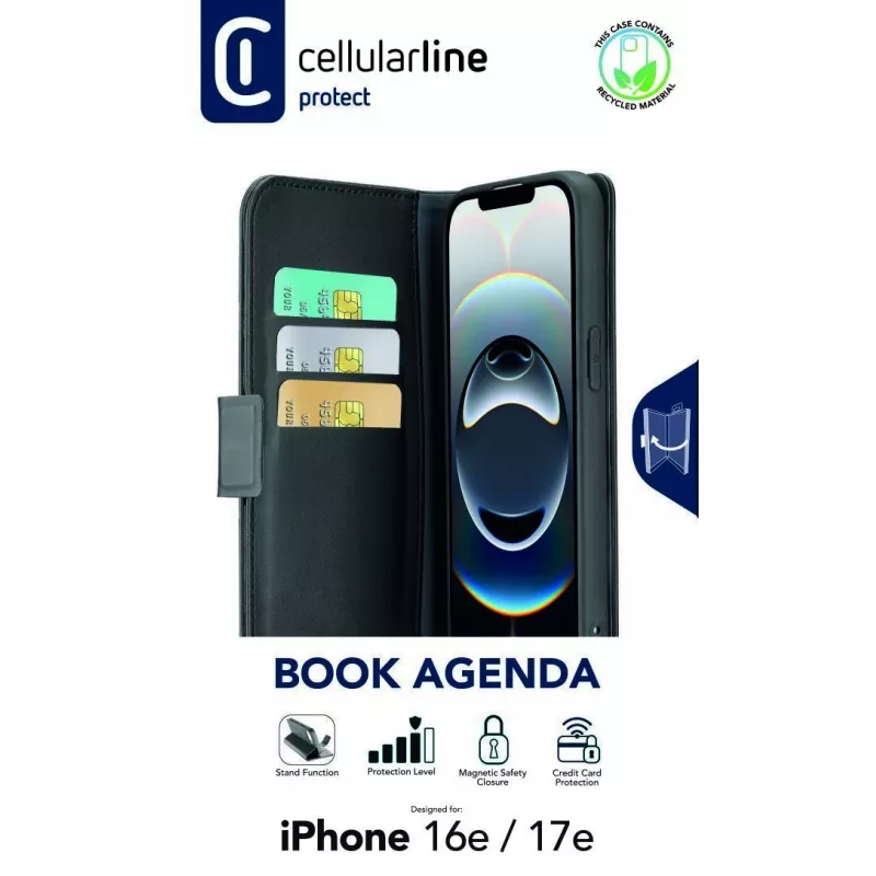 Cellularline Book Agenda - iPhone 16e/17e nahkajäljitelmä kirjakotelo magneettisulkimella