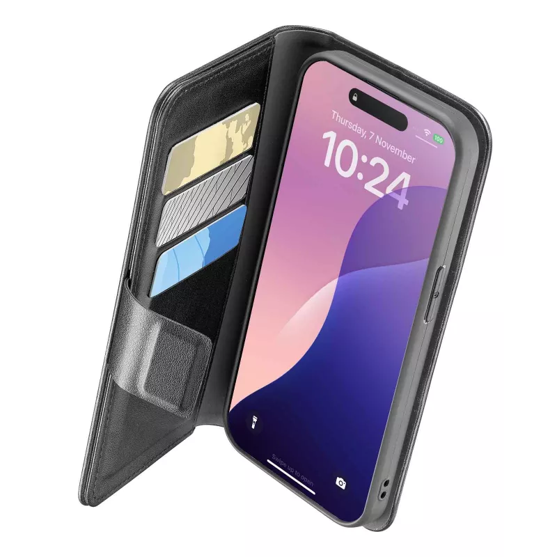 Cellularline Book Agenda - iPhone 16e/17e nahkajäljitelmä kirjakotelo magneettisulkimella
