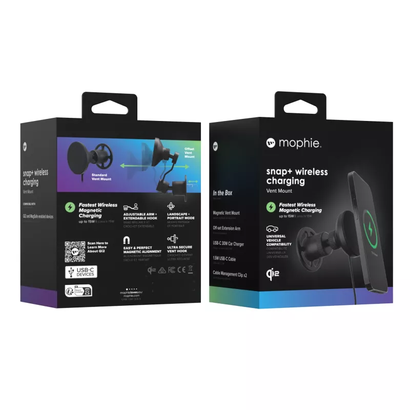 mophie Snap+ langaton lataus vent -älypuhelin, musta, savukkeensytytin, pikalataus, auto