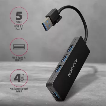 Axagon SuperSpeed USB ohut keskitin, USB 3.2 Gen 1 (3.1 Gen 1) Type-A, USB 3.2 Gen 1 (3.1 Gen 1) Type-A, 5000 Mbit/s, musta, muovi, 0,14 m