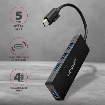 Axagon SuperSpeed USB-C ohut keskitin, USB 3.2 Gen 1 (3.1 Gen 1) Type-C, USB 3.2 Gen 1 (3.1 Gen 1) Type-A, 5000 Mbit/s, musta, muovi, 0,14 m