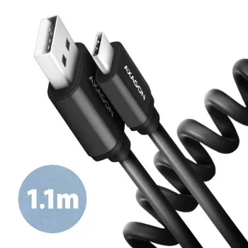 Axagon data- ja latauskaapeli USB 2.0 pituus 1,1 m. 3A. Musta kierretty. USB-kaapeli USB A USB C
