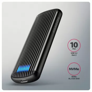 AXAGON EEM2-SC ulkoinen USB-C 10 Gbit/s ruuviton metallikotelo M.2 NVMe SSD:lle, yksi paikka, harmaa