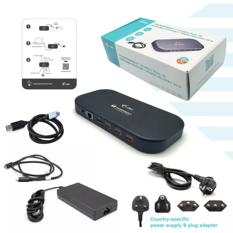 i-tec Thunderbolt 3/USB-C Dual-4K-telakointiasema + USB-C-DisplayPort-kaapeli (1,5 m) + virtalähde 60 W