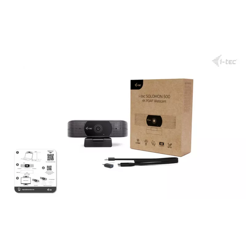 Webcam ITEC i-tec SOLOMON 500 4K PDAF — 4K Ultra HD, 3840×2160, USB, klipsikiinnitys, musta