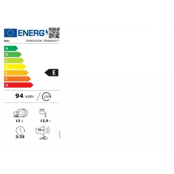 Vapaasti seisova astianpesukone BEKO DVN05320W — 60 cm leveys, 13 astiastoa, 49 dB, 5 ohjelmaa, energiatehokkuusluokka E