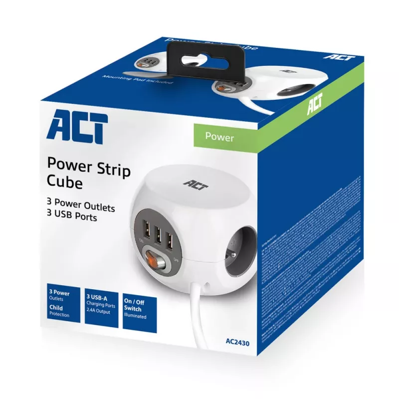 ACT AC2430 virtapistorasia — 3× Type-F-pistorasia, 230 V, 16 A, 1,5 m kaapeli, valkoinen
